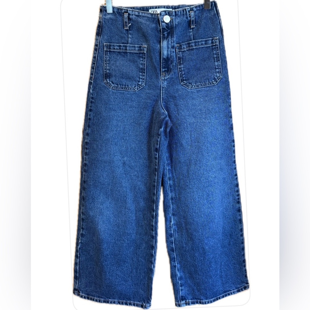 Zara Colette Straight Wide Leg High Rise Crop Denim Jeans 4